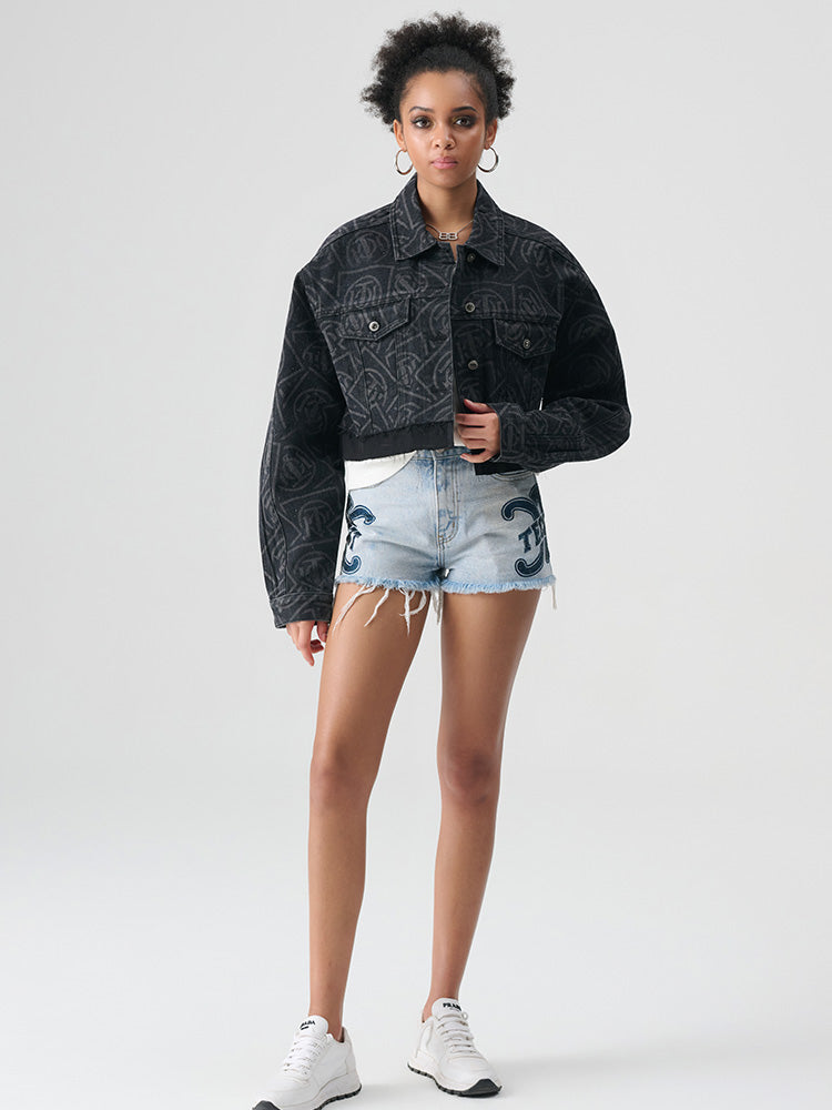 TCH Allover Logo Rhinestone Denim Cropped Jacket