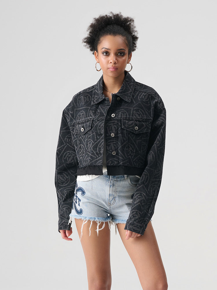 TCH Allover Logo Rhinestone Denim Cropped Jacket