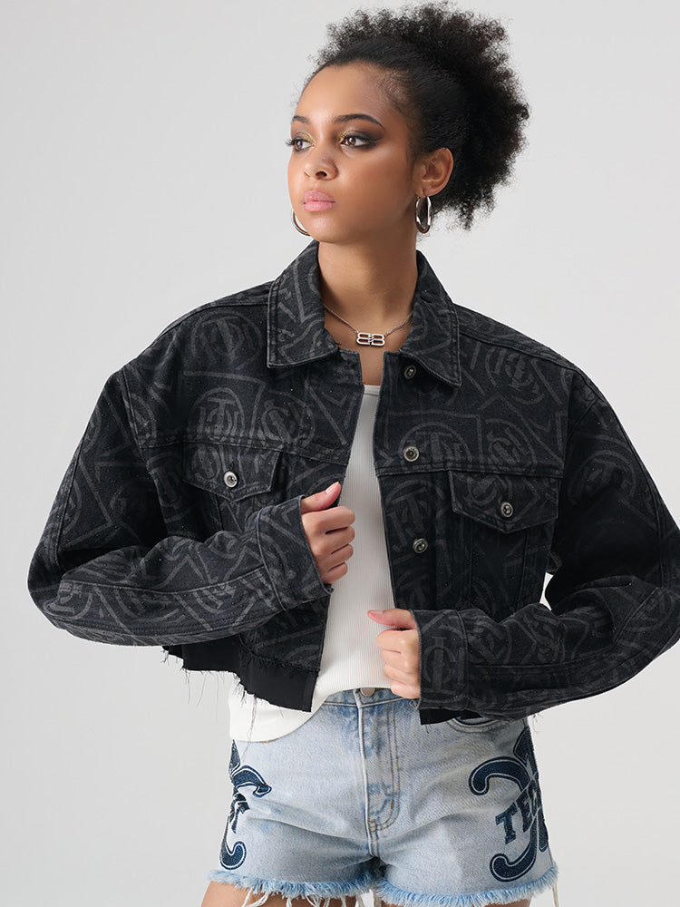 TCH Allover Logo Rhinestone Denim Cropped Jacket