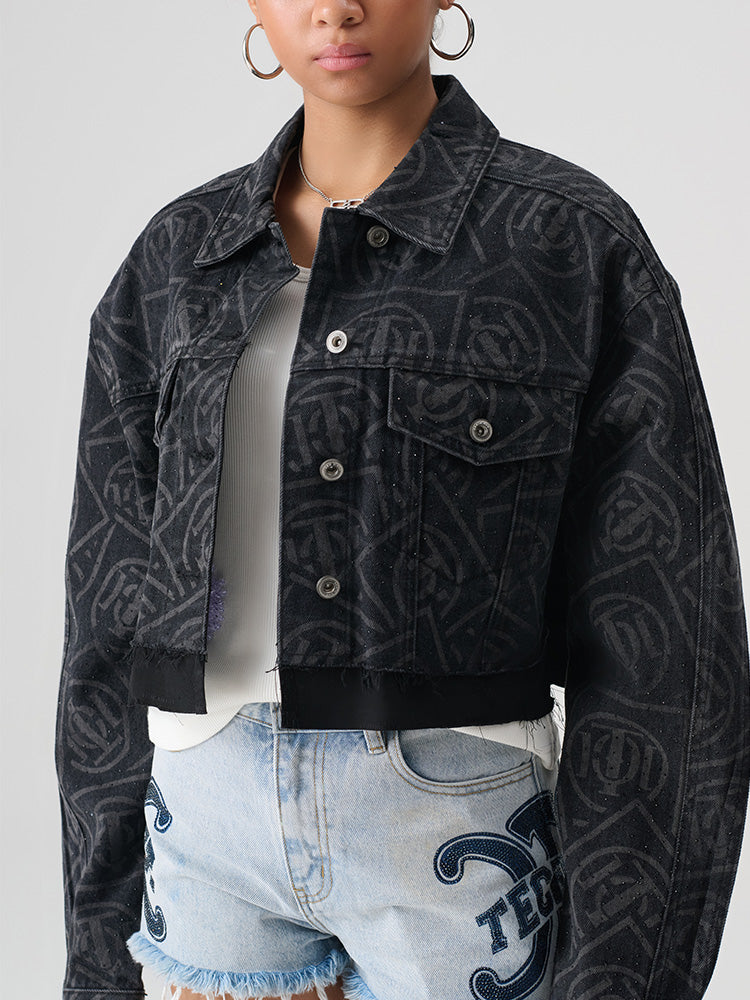 TCH Allover Logo Rhinestone Denim Cropped Jacket