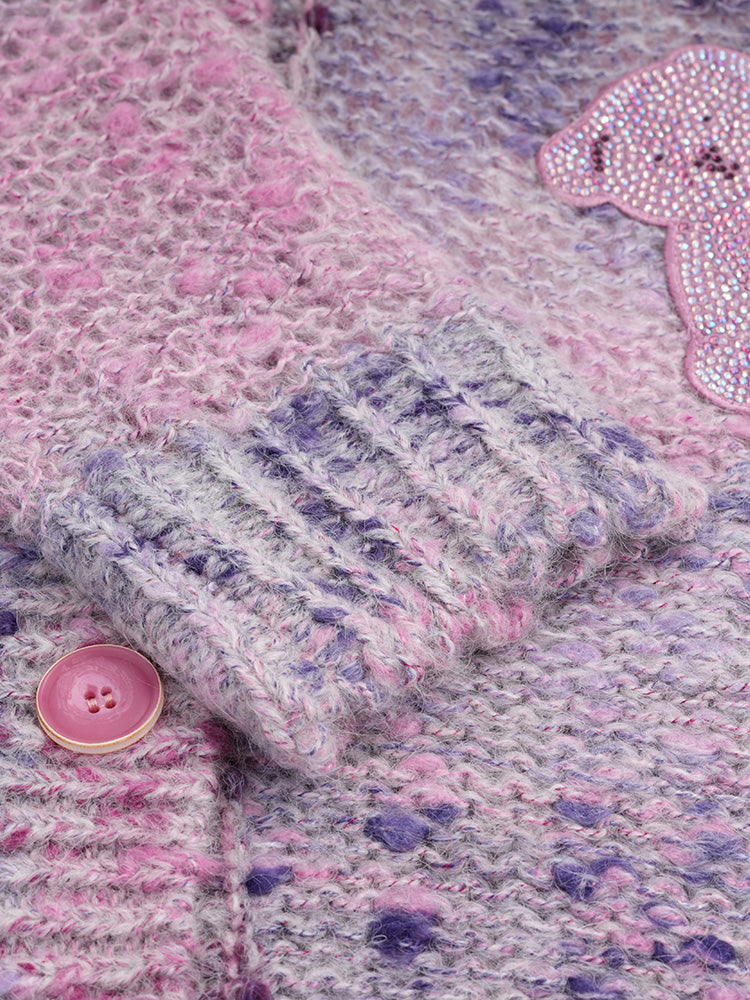 TCH Rhinestone Teddy Bear Patch Knitted Cardigan