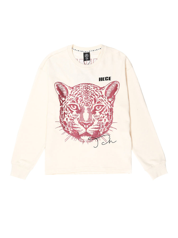 TCH Embroidered Leopard Head Rhinestone Crewneck Top