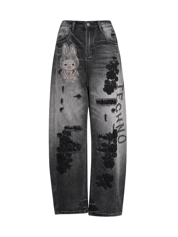 TCH LABUBU Print Rhinestone Wide Leg Jeans