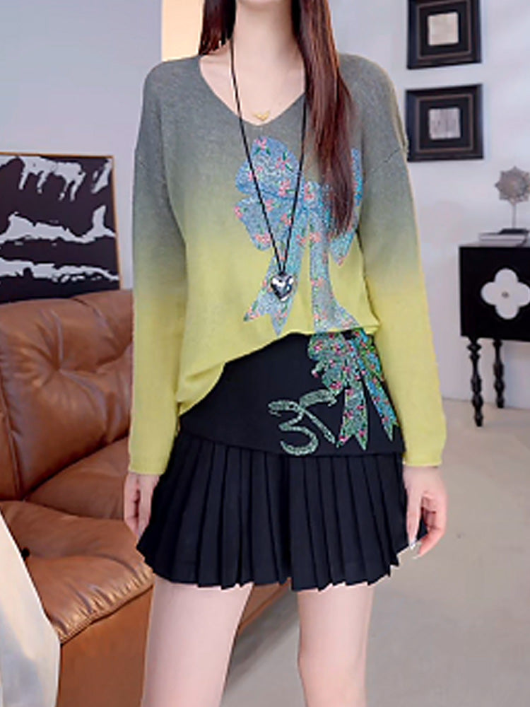 TCH Autumn Winter Rhinestone Spray Dye Graphic Sweater