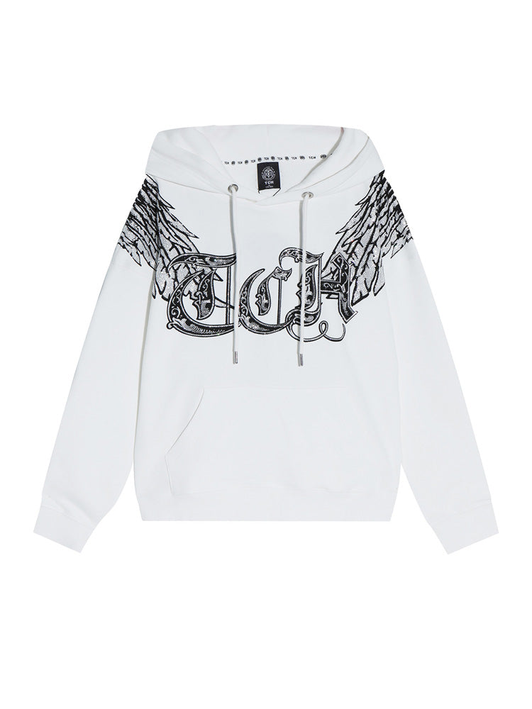 TCH Unisex White Hoodie with Rhinestone Wings Design