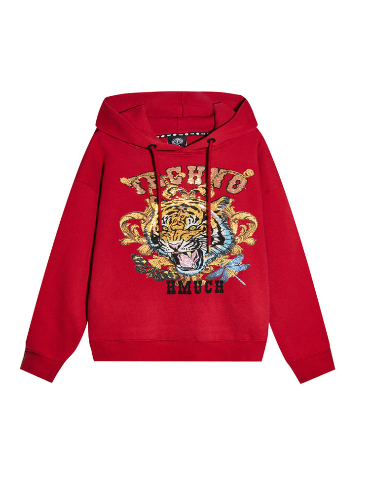 TCH Red Embroidered Rhinestone Tiger Head Hoodie