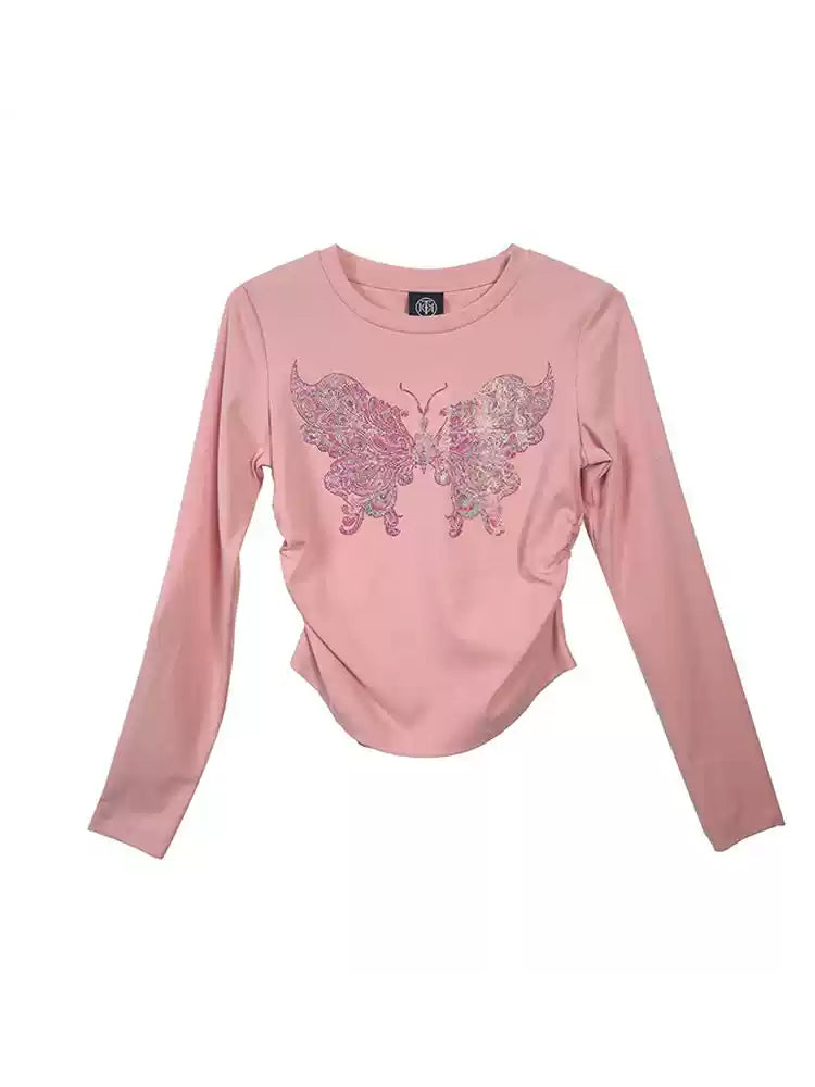 TCH Rhinestone Butterfly Drawstring Waist Crop Top