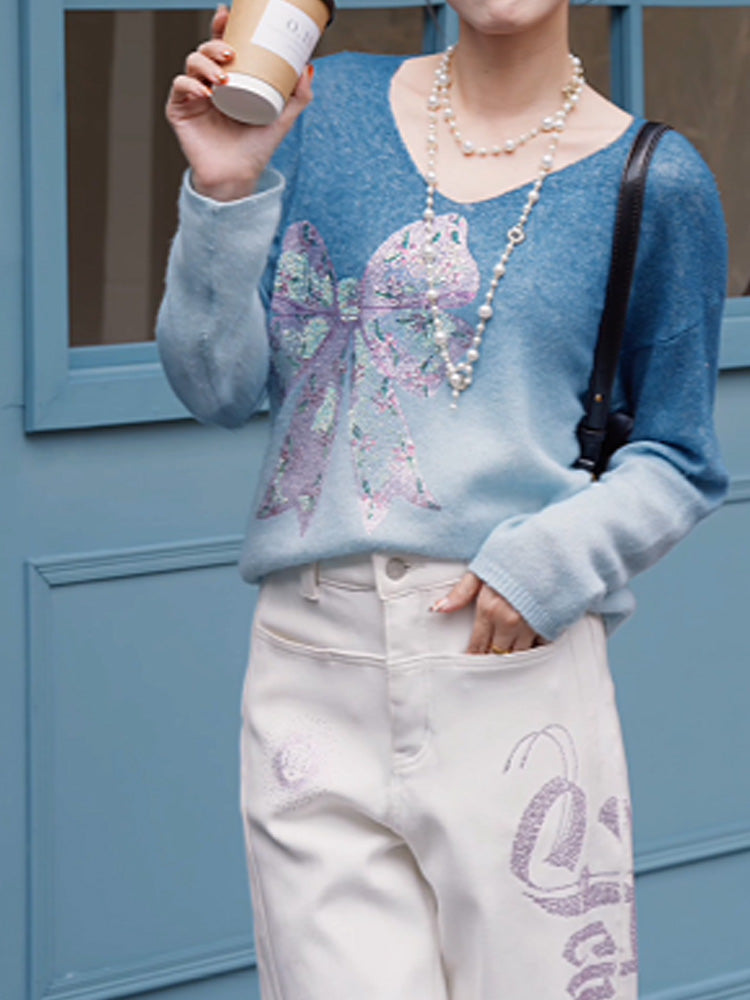 TCH Autumn Winter Rhinestone Spray Dye Graphic Sweater