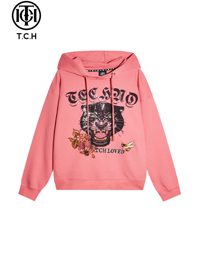 TCH Pink Embroidered Rhinestone Tiger Head Hoodie