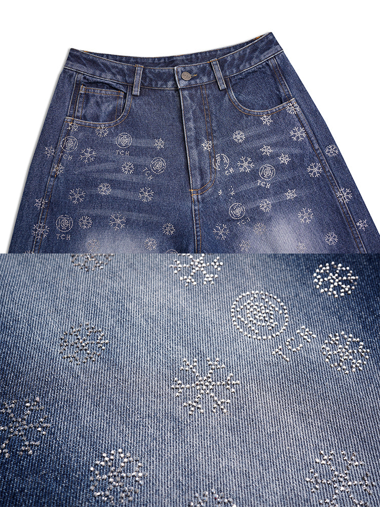 TCH Rhinestone Shearling Collar Denim Two-Piece Set