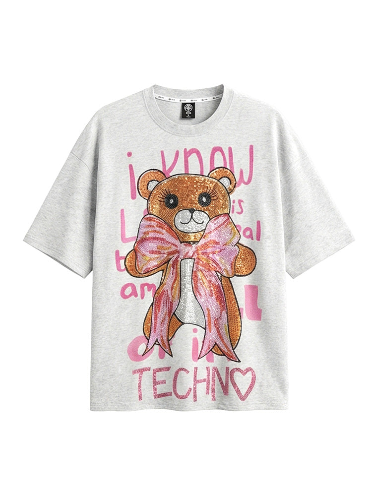 tch rhinestone teddy bear sparkling oversized t shirt lightgray HighEnd Luxury Streetwear Brand Official Showcase