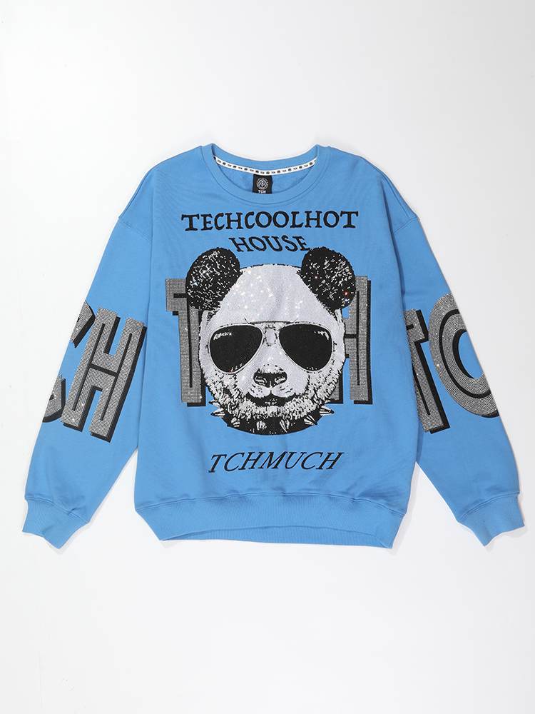 TCH Panda Rhinestone Long Sleeve Letter Sweatshirt