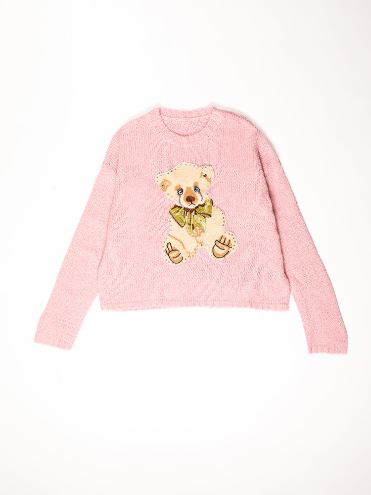 TCH Women's Knit Tie Bear Rhinestone Pink Sweater