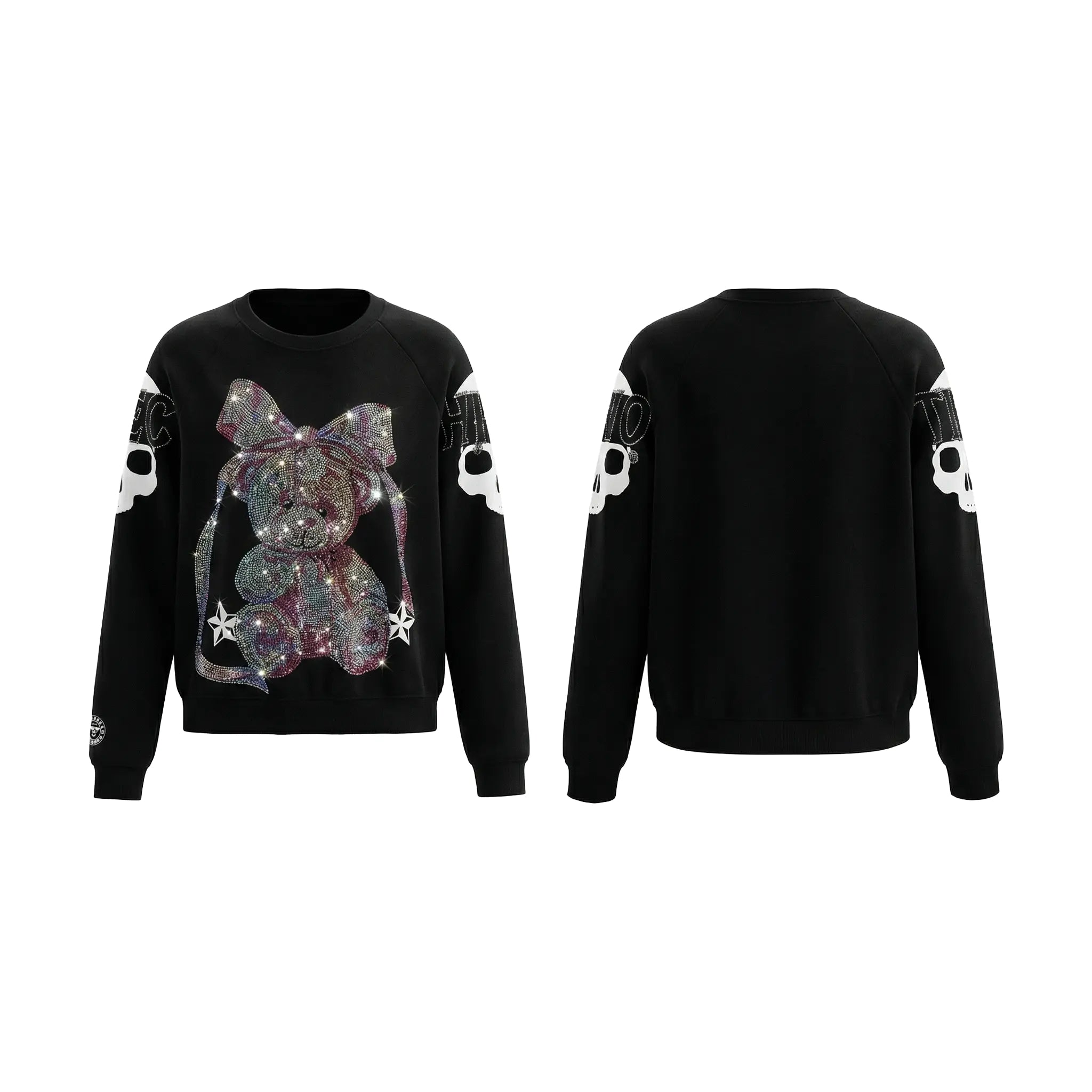 Black sweatshirt with a decorative bow design on a white background, TCH Rhinestone Pink Bear Skull Sleeve Sweatshirt