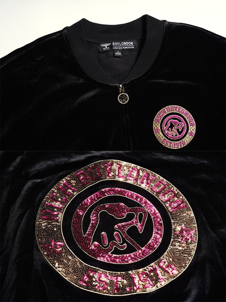 TCH Rhinestone Graphic Velvet Bomber Jacket