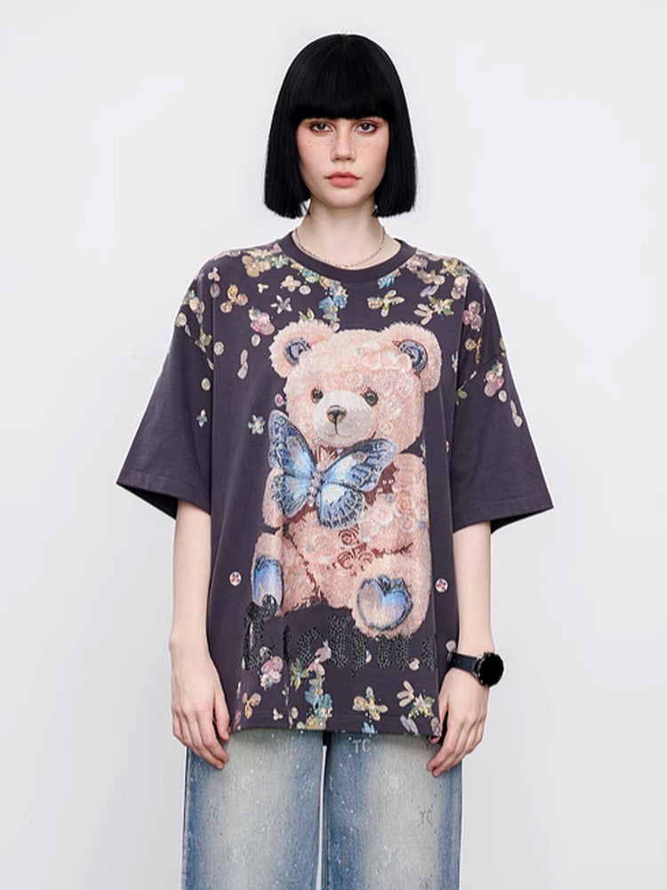 TCH Rhinestone Teddy Bear Flower Oversized T-Shirt