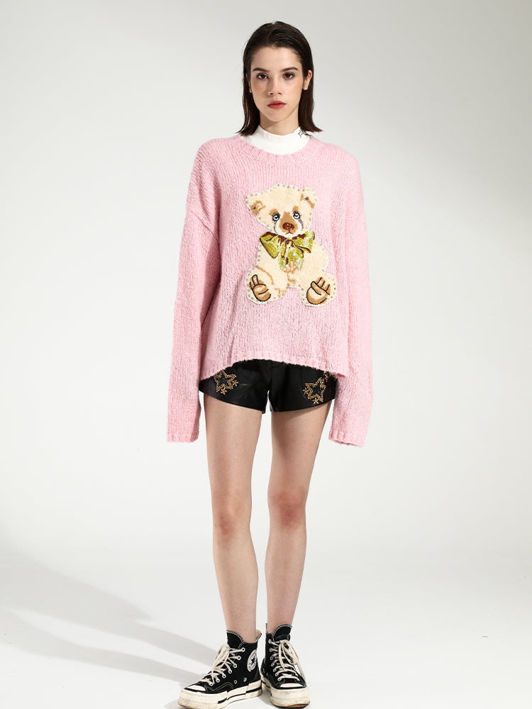 TCH Women's Knit Tie Bear Rhinestone Pink Sweater