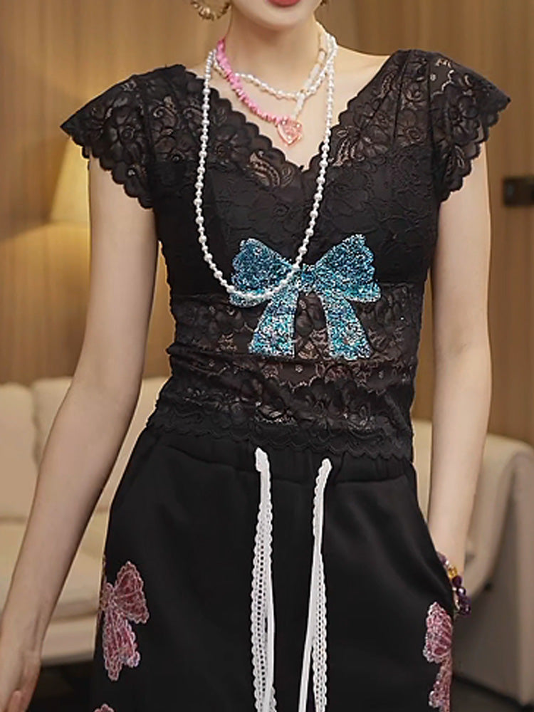 TCH Rhinestone Bow Floral Lace Sexy Top