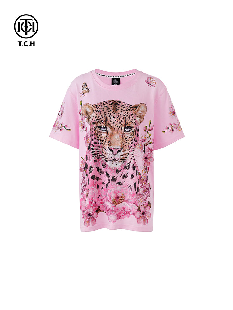 TCH Luxury Rhinestone Leopard Sparkle Flower Short Sleeve Top / Hoodie