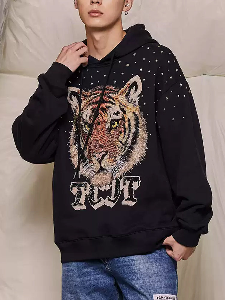 TCH Crystal-Embellished Tiger Print Oversized Black Hoodie