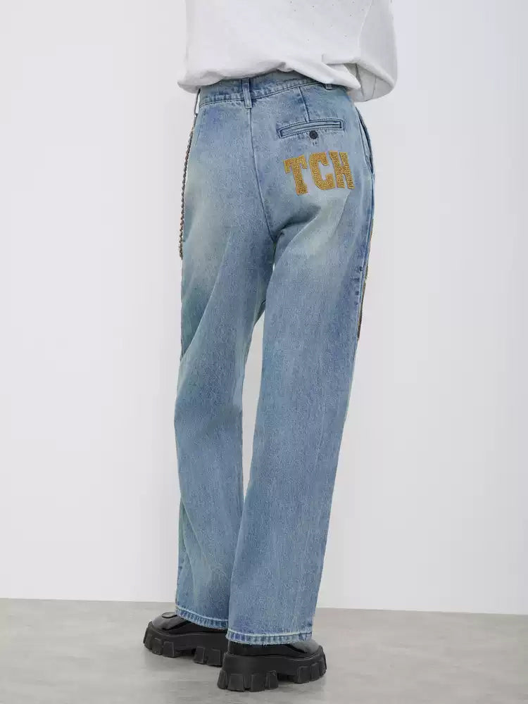 TCH High Waist Rhinestone Letter Denim Jean