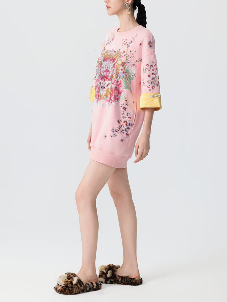 TCH Rhinestone Graphic Print Satin Luxury Mini Dress