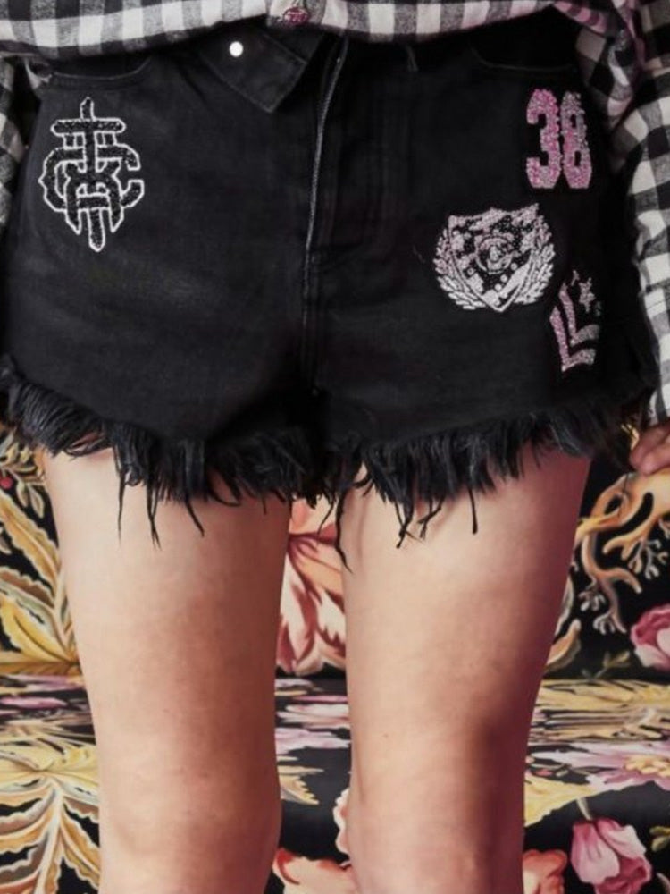TCH Rhinestone Letter Print Denim Mini Shorts