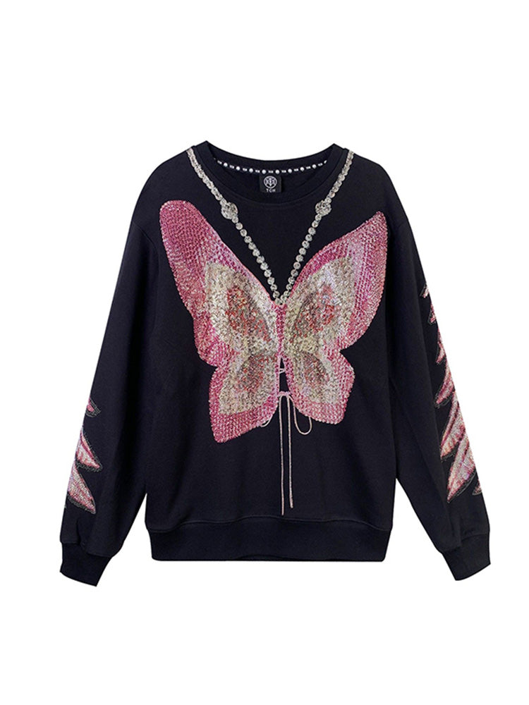 TCH Pink Rhinestone Butterfly Wing Sleeve Sweatshirt