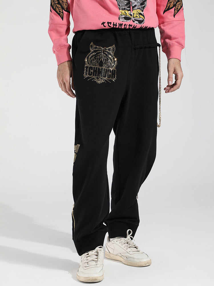 TCH Men's Animal Rhinestone Cotton Zipper Sweatpants