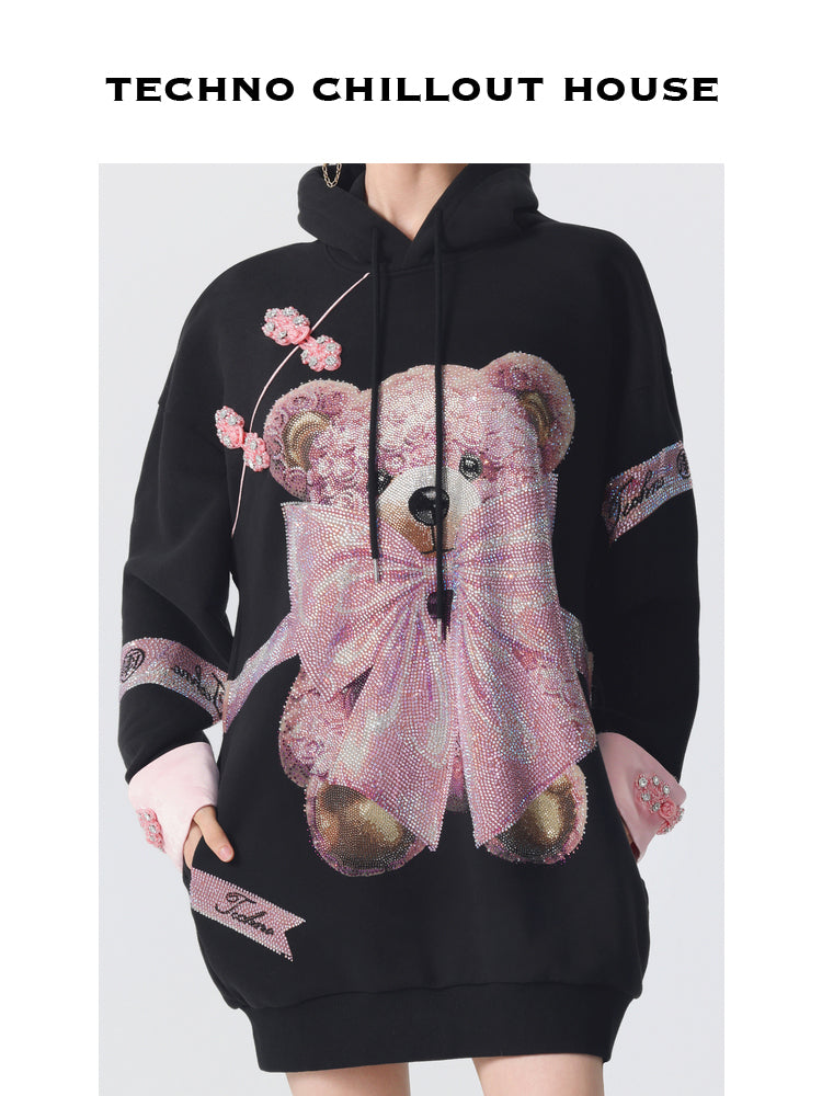 TCH Bow Bear Shiny Rhinestone Fleece Hooded Mini Dress