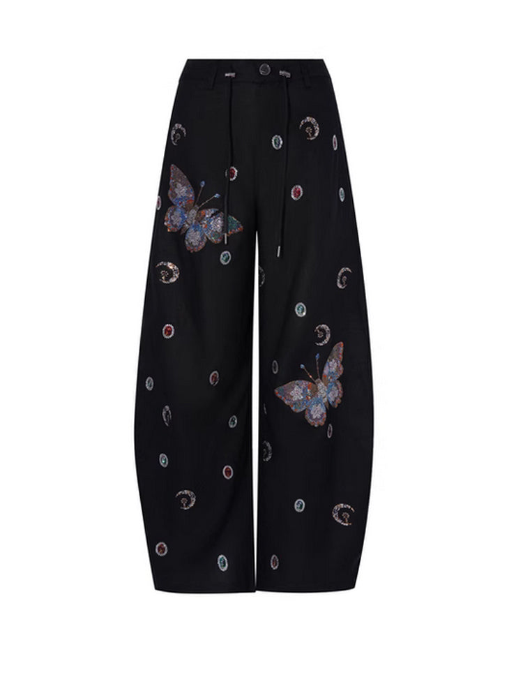TCH Rhinestone Graphic Butterfly Palazzo Trousers