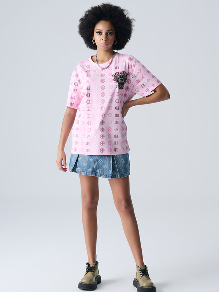 TCH Allover Print Rhinestone Ruched Denim Mini Skirt