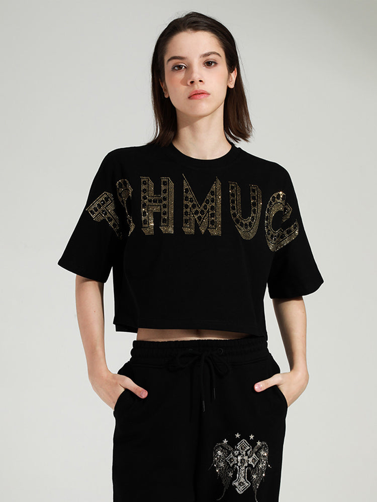 TCH Letter Print Rhinestone Cropped Top in Black