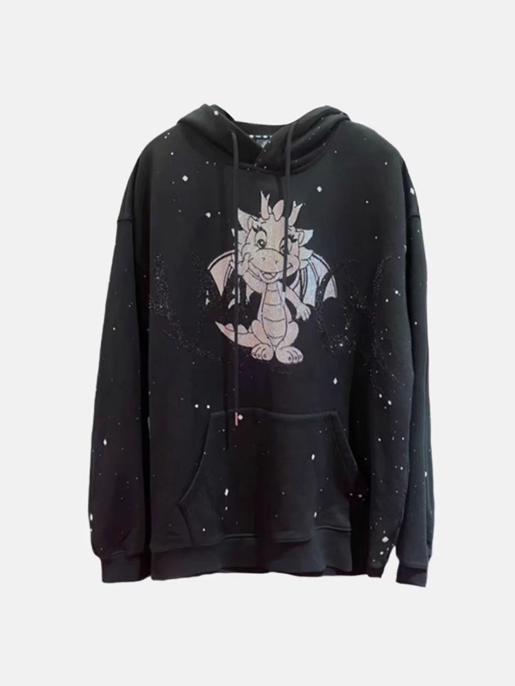 TCH Rhinestone Baby Dragon Print Black Hoodie
