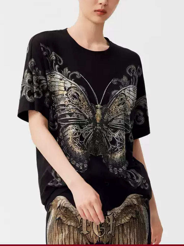 TCH Vintage Rhinestone Butterfly Shiny T-Shirt