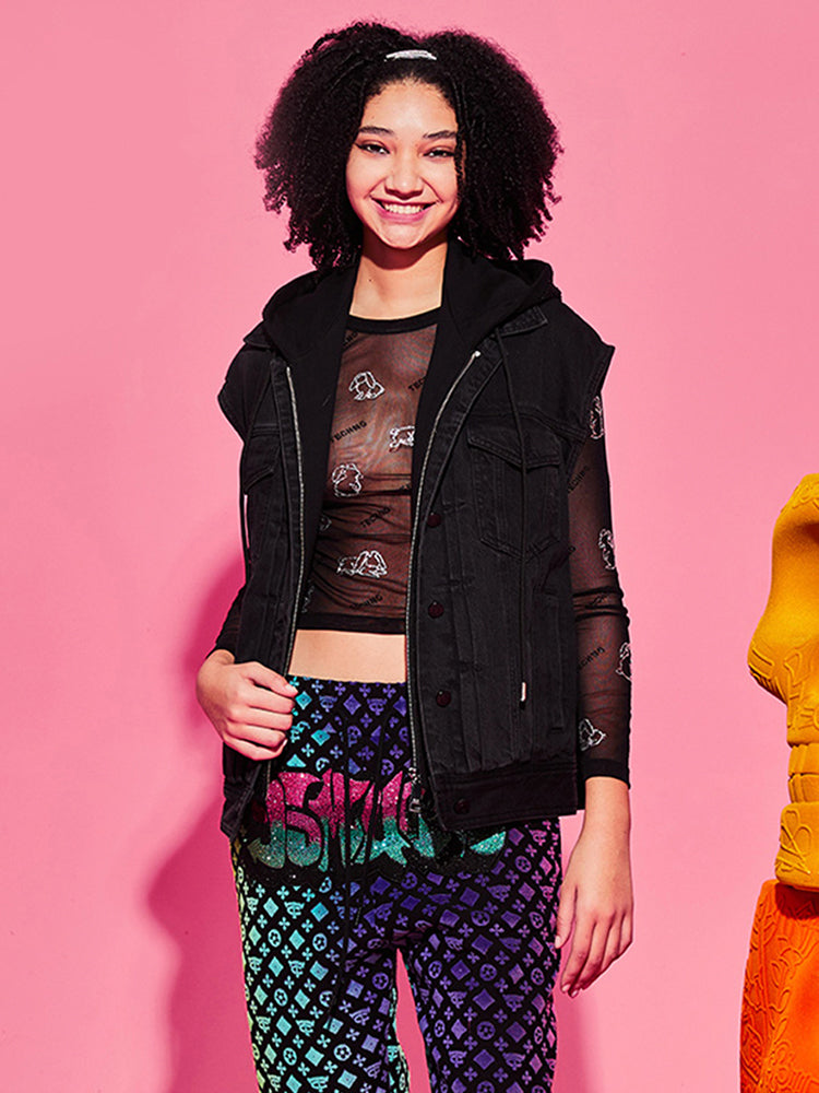 TCH Rhinestone Hooded Denim Vest Jacket