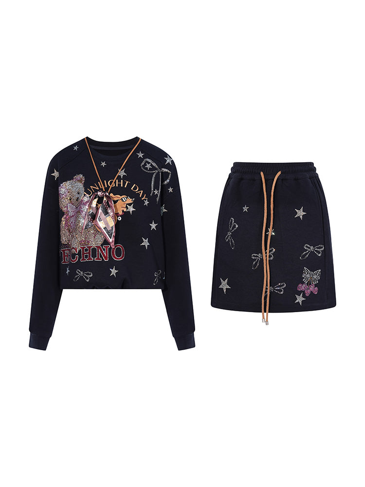 TCH Graphic Rhinestone 2 Piece Outfits with Mini Skirt