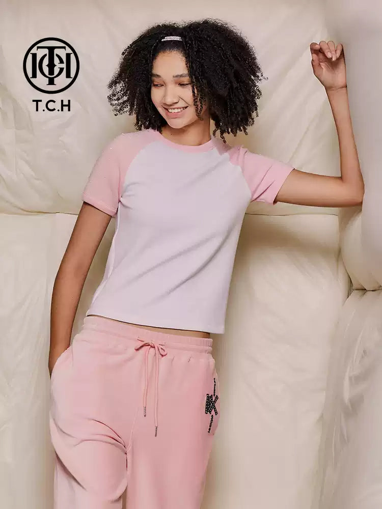 TCH Contrast Raglan T-Shirt in White and Pink