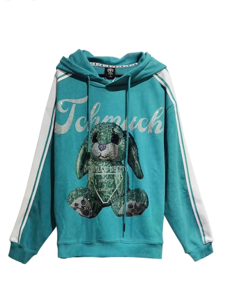 TCH Rhinestone Oversized Graphic Hoodie with Stripe