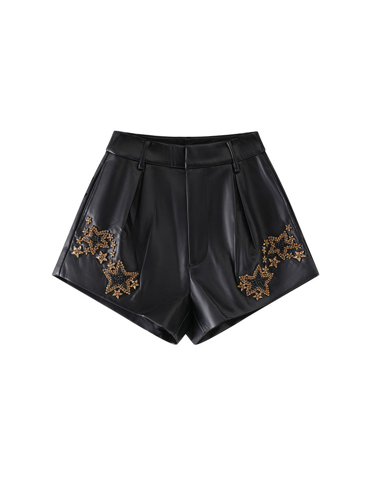 TCH Rhinestone Star Print Leather Shorts with Zip Up