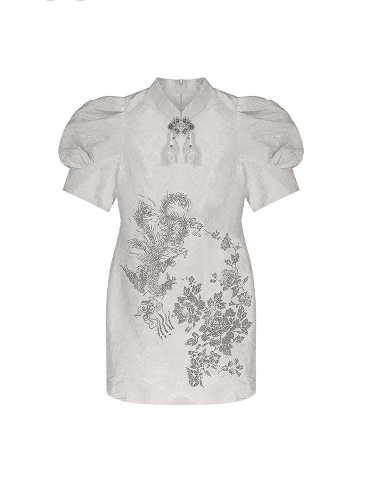 TCH Rhinestone Embellished Midi Dress with Puff Sleeves