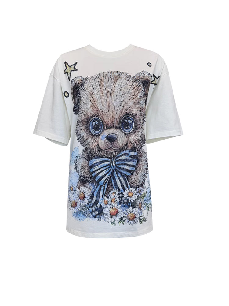 TCH Rhinestone Cute Bear Print Graphic T-shirt