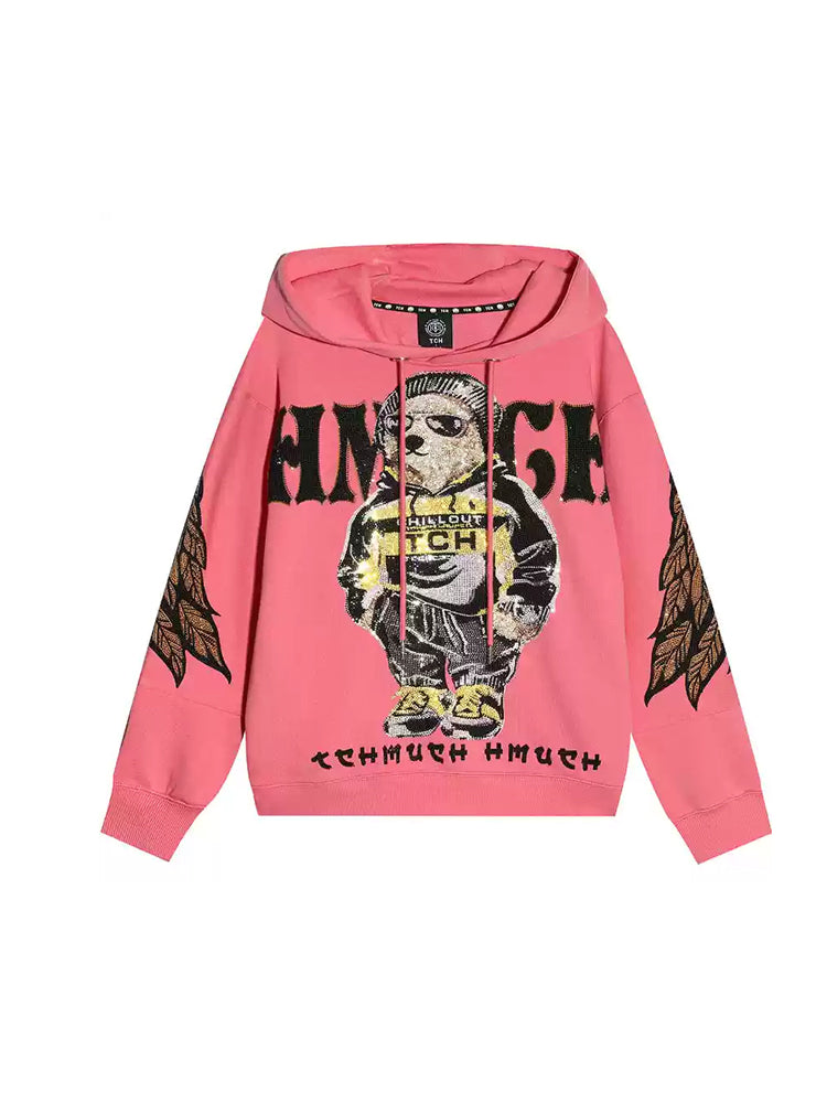 TCH Rhinestone Graphic Bear Hoodies with Angel Wings