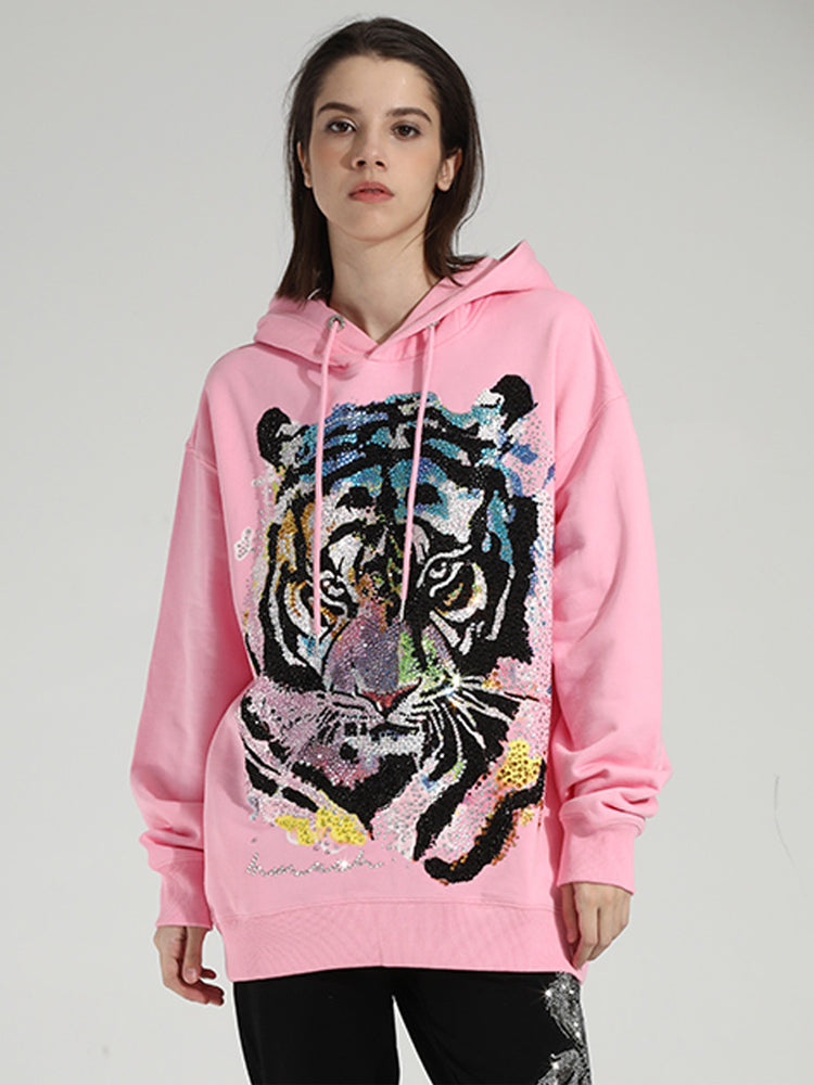 TCH Unisex's Oversized Tiger Hot Diamond Colorful Hoodie