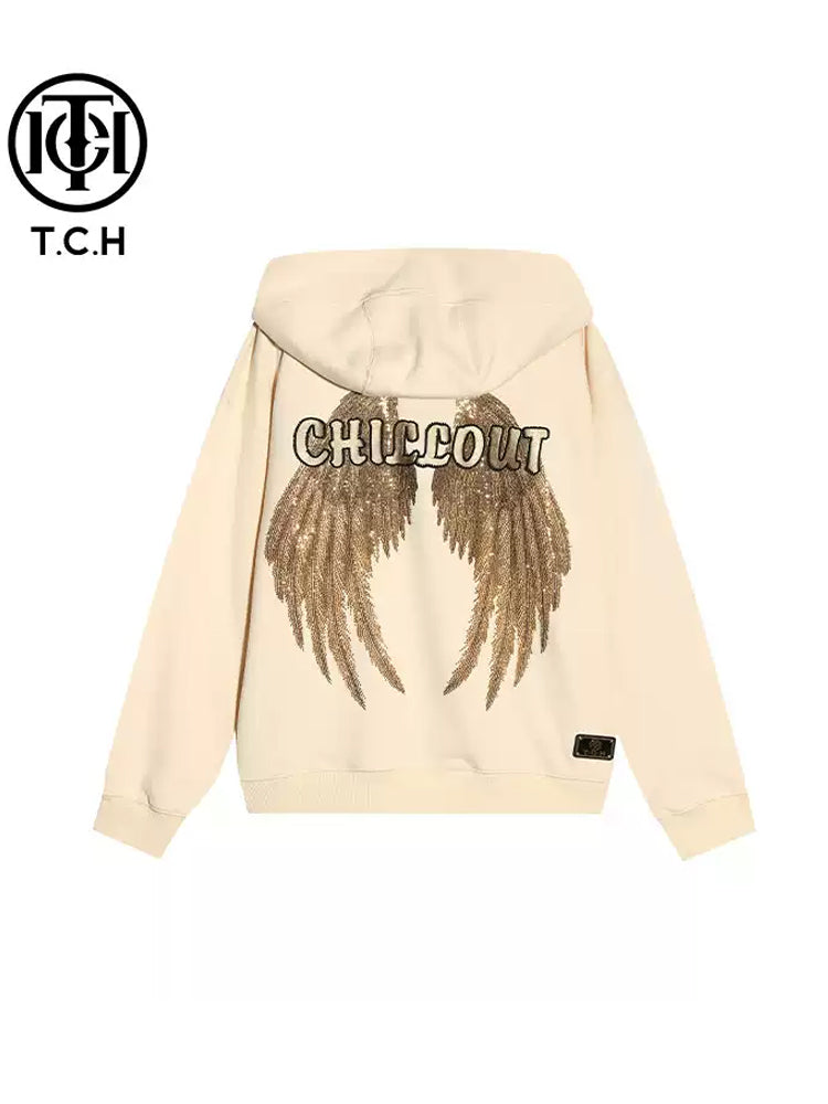 TCH Cartoon Drawstring Rhinestone Angel Wings Hoodie