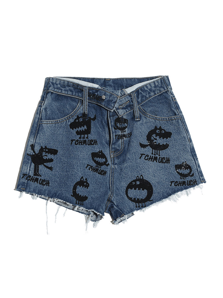 TCH Crystal-Embellished High Waist Denim Shorts