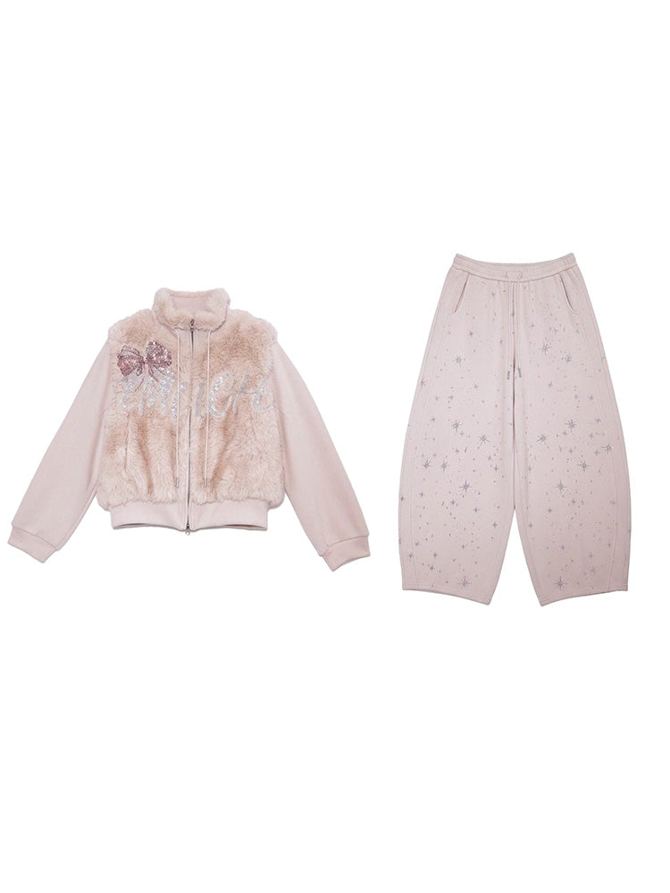TCH Pink Rhinestone Bow Fleece-Lined Pants Sets
