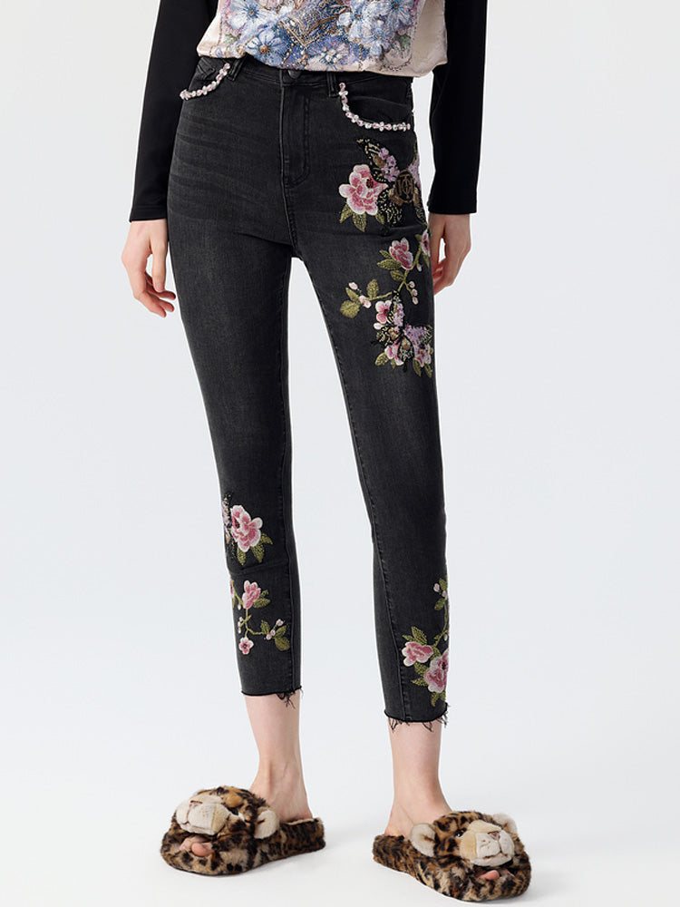 TCH Skinny Rhinestone Floral Embroidered Stretchable Cropped Jeans