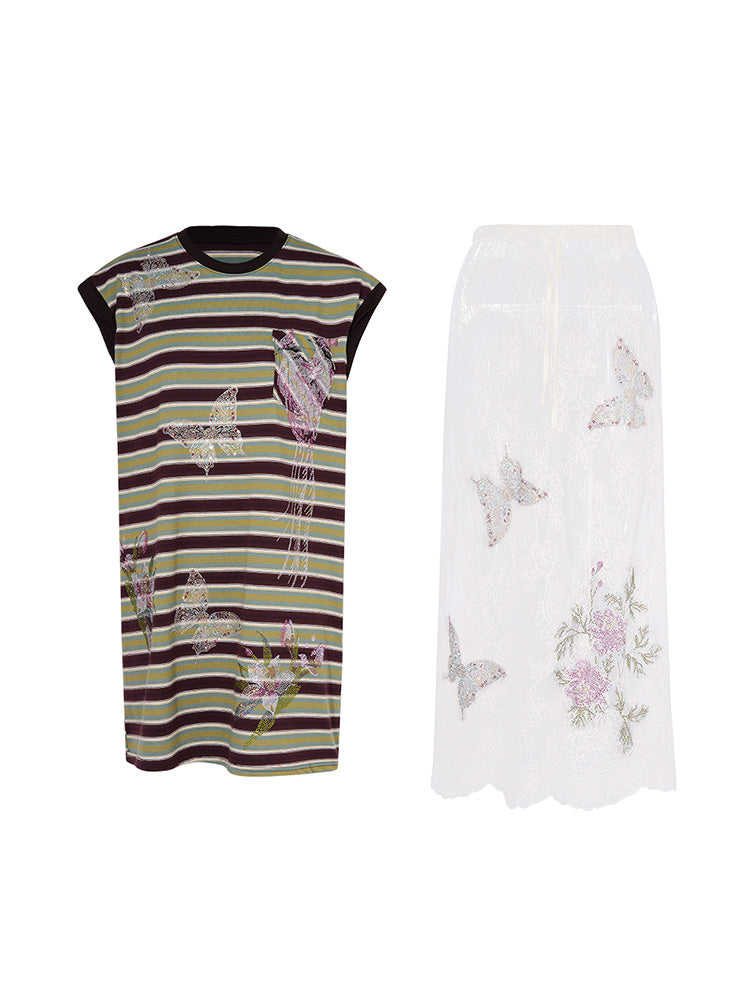 TCH Butterfly Rhinestone Stripe Top and Lace Skirt Sets