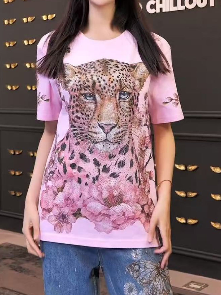 TCH Luxury Rhinestone Leopard Sparkle Flower Short Sleeve Top / Hoodie